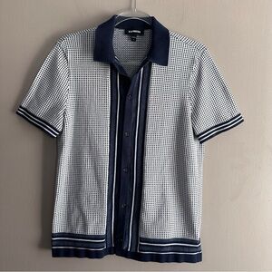 Express White Navy Blue Button Front Sweater Polo Shirt Mens Small Retro Resort